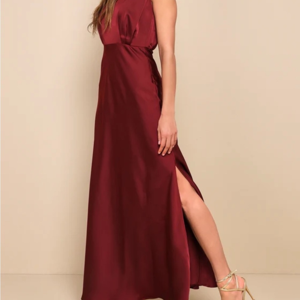 Lulus Classic Elegance Wine Satin Sleeveless Mock Neck Maxi Dress